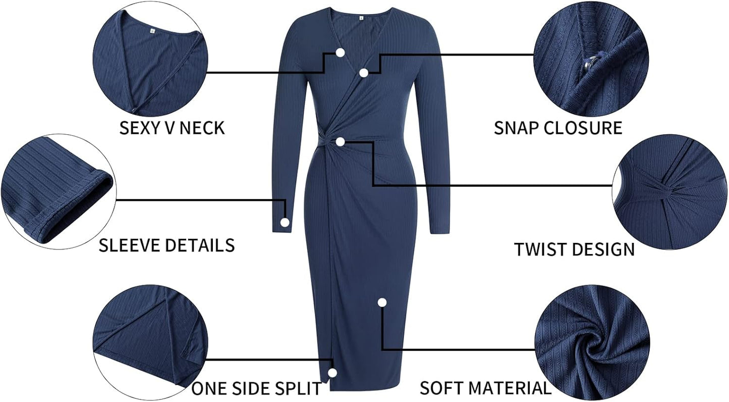 Women'S Long Sleeve Dress: Midi Casual V Neck Twist Waist Ribbed Knit Bodycon Slit Cocktail Party Dresses